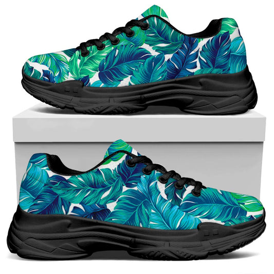 Teal Tropical Leaf Pattern Print Black Chunky Shoes