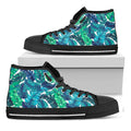 Teal Tropical Leaf Pattern Print Black High Top Sneakers