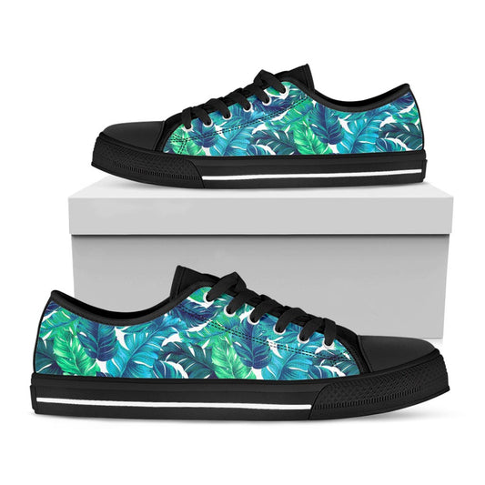 Teal Tropical Leaf Pattern Print Black Low Top Sneakers