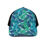 Teal Tropical Leaf Pattern Print Black Mesh Trucker Cap