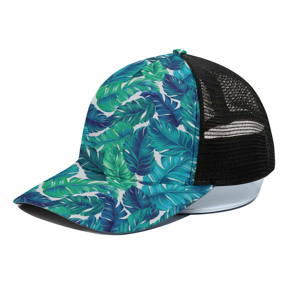 Teal Tropical Leaf Pattern Print Black Mesh Trucker Cap