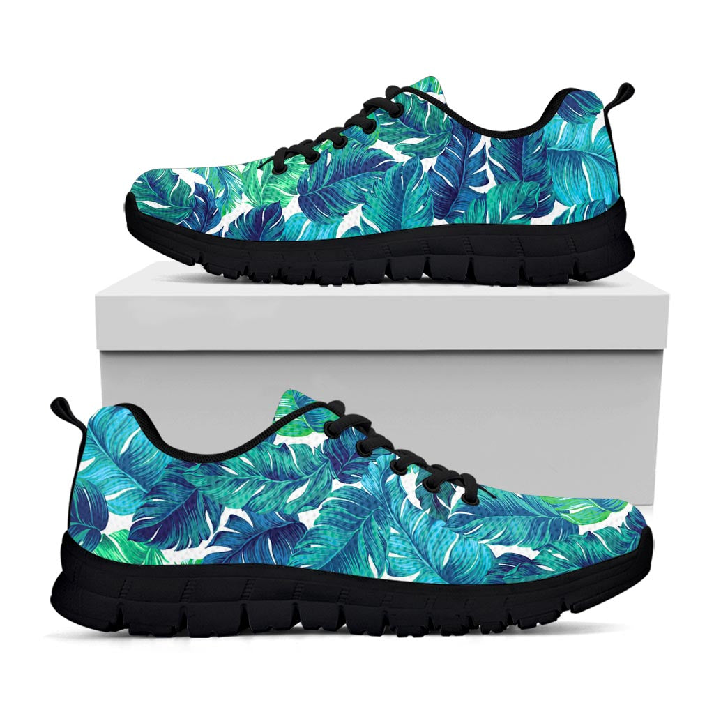 Teal Tropical Leaf Pattern Print Black Running Shoes