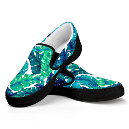 Teal Tropical Leaf Pattern Print Black Slip On Sneakers