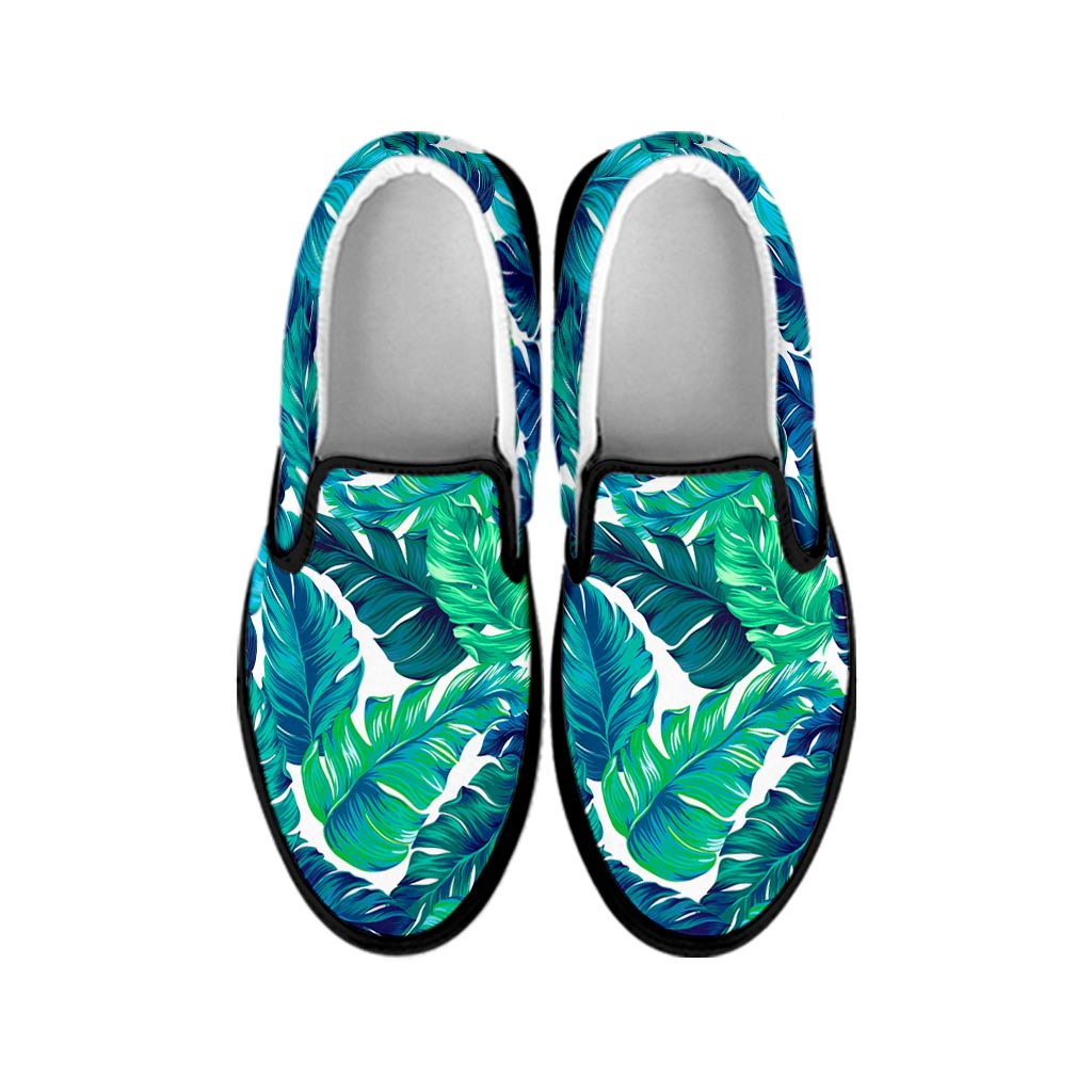 Teal Tropical Leaf Pattern Print Black Slip On Sneakers