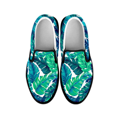 Teal Tropical Leaf Pattern Print Black Slip On Sneakers