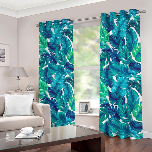 Teal Tropical Leaf Pattern Print Blackout Grommet Curtains