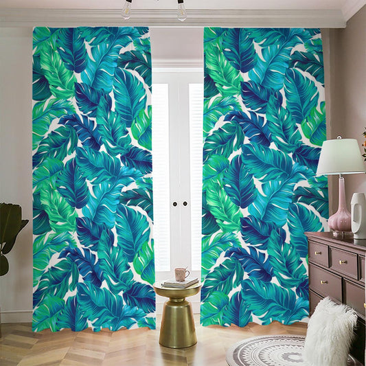 Teal Tropical Leaf Pattern Print Blackout Pencil Pleat Curtains
