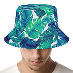 Teal Tropical Leaf Pattern Print Bucket Hat