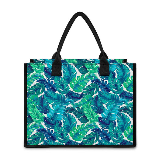 Teal Tropical Leaf Pattern Print Canvas Tote Bag