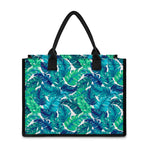 Teal Tropical Leaf Pattern Print Canvas Tote Bag
