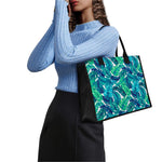Teal Tropical Leaf Pattern Print Canvas Tote Bag