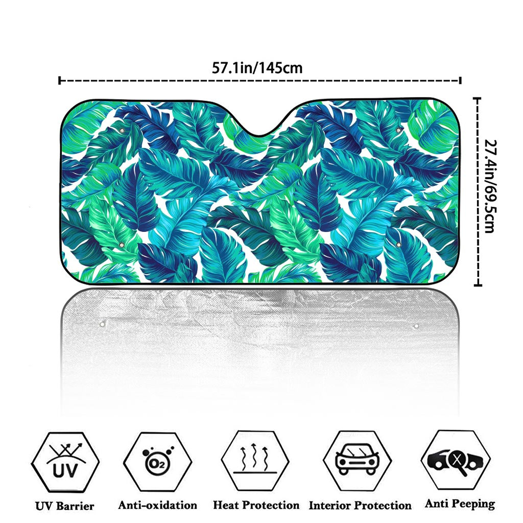 Teal Tropical Leaf Pattern Print Car Windshield Sun Shade