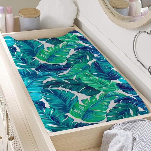 Teal Tropical Leaf Pattern Print Changing Pad Cover