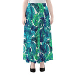 Teal Tropical Leaf Pattern Print Chiffon Maxi Skirt