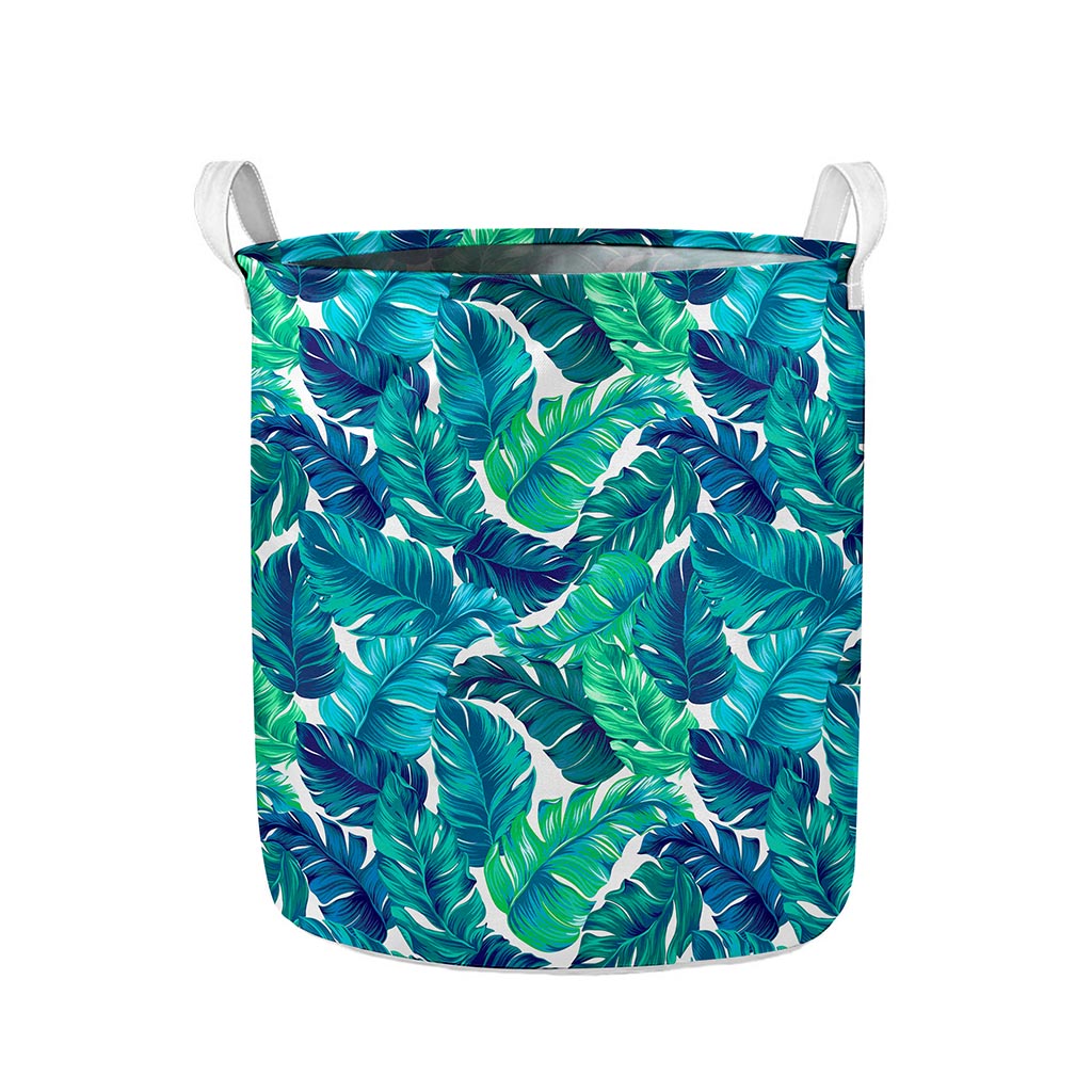Teal Tropical Leaf Pattern Print Collapsible Laundry Basket