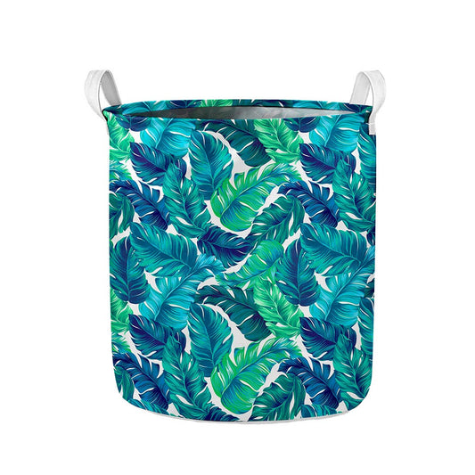 Teal Tropical Leaf Pattern Print Collapsible Laundry Basket
