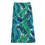 Teal Tropical Leaf Pattern Print Cotton Front Slit Maxi Skirt