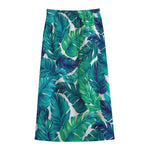 Teal Tropical Leaf Pattern Print Cotton Front Slit Maxi Skirt