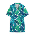 Teal Tropical Leaf Pattern Print Cotton Hawaiian Shirt