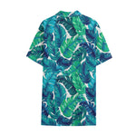 Teal Tropical Leaf Pattern Print Cotton Hawaiian Shirt