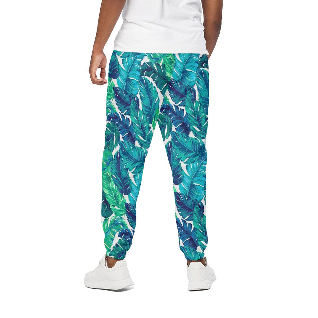 Teal Tropical Leaf Pattern Print Cotton Pants