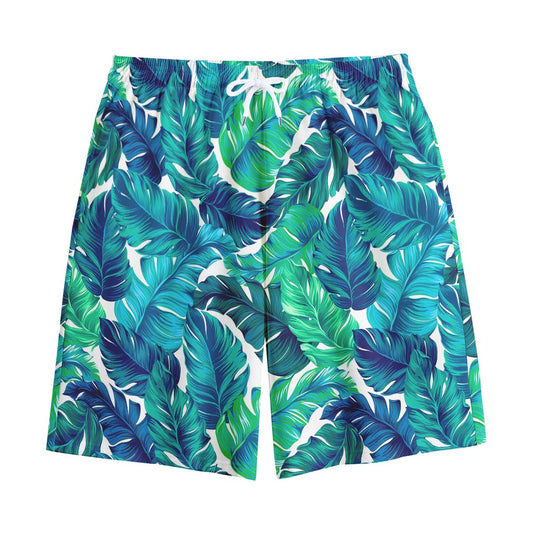 Teal Tropical Leaf Pattern Print Cotton Shorts