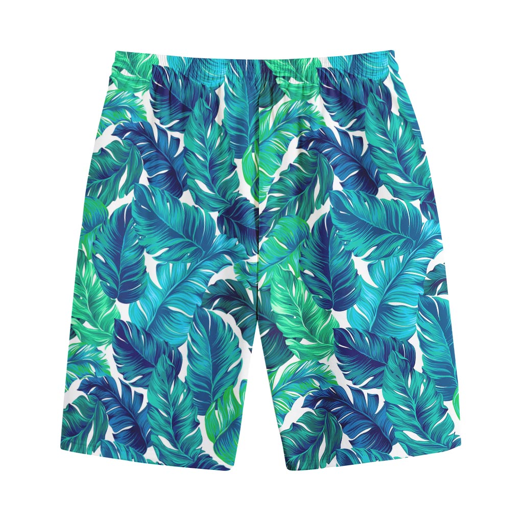 Teal Tropical Leaf Pattern Print Cotton Shorts