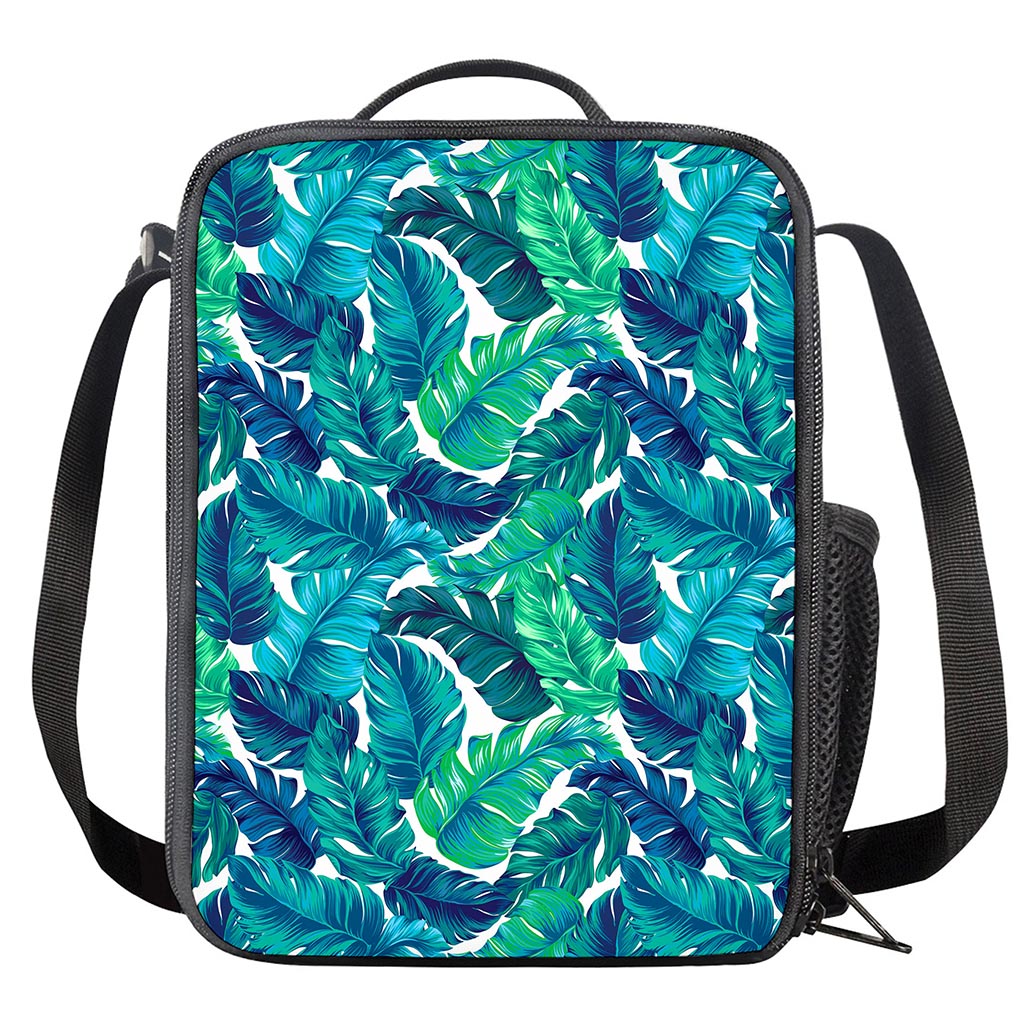 Teal Tropical Leaf Pattern Print Crossbody Lunch Bag