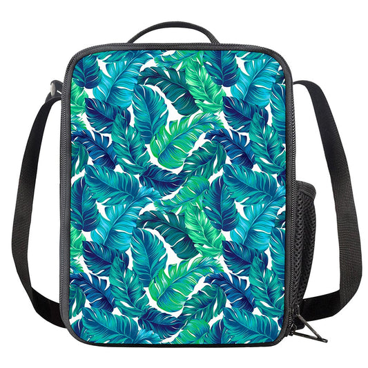 Teal Tropical Leaf Pattern Print Crossbody Lunch Bag
