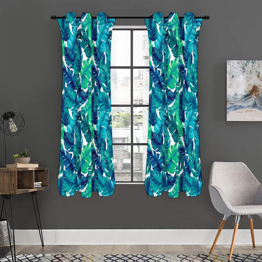 Teal Tropical Leaf Pattern Print Curtain