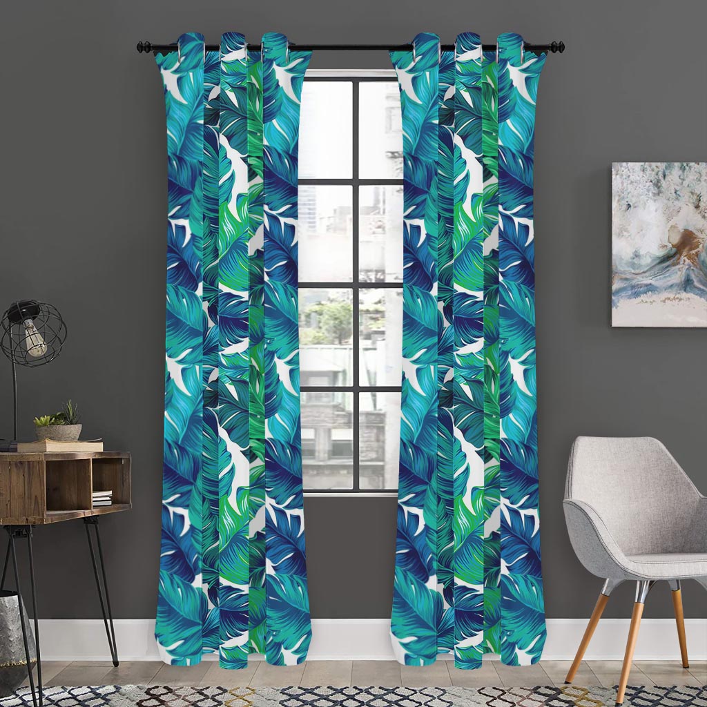 Teal Tropical Leaf Pattern Print Curtain