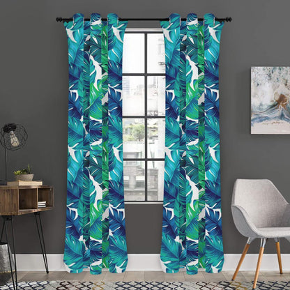 Teal Tropical Leaf Pattern Print Curtain
