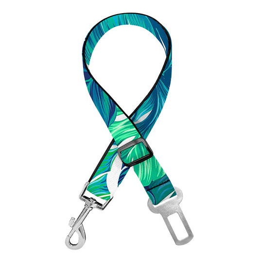 Teal Tropical Leaf Pattern Print Dog Seat Belt