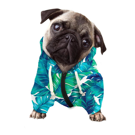 Teal Tropical Leaf Pattern Print Dog Zip Up Hoodie