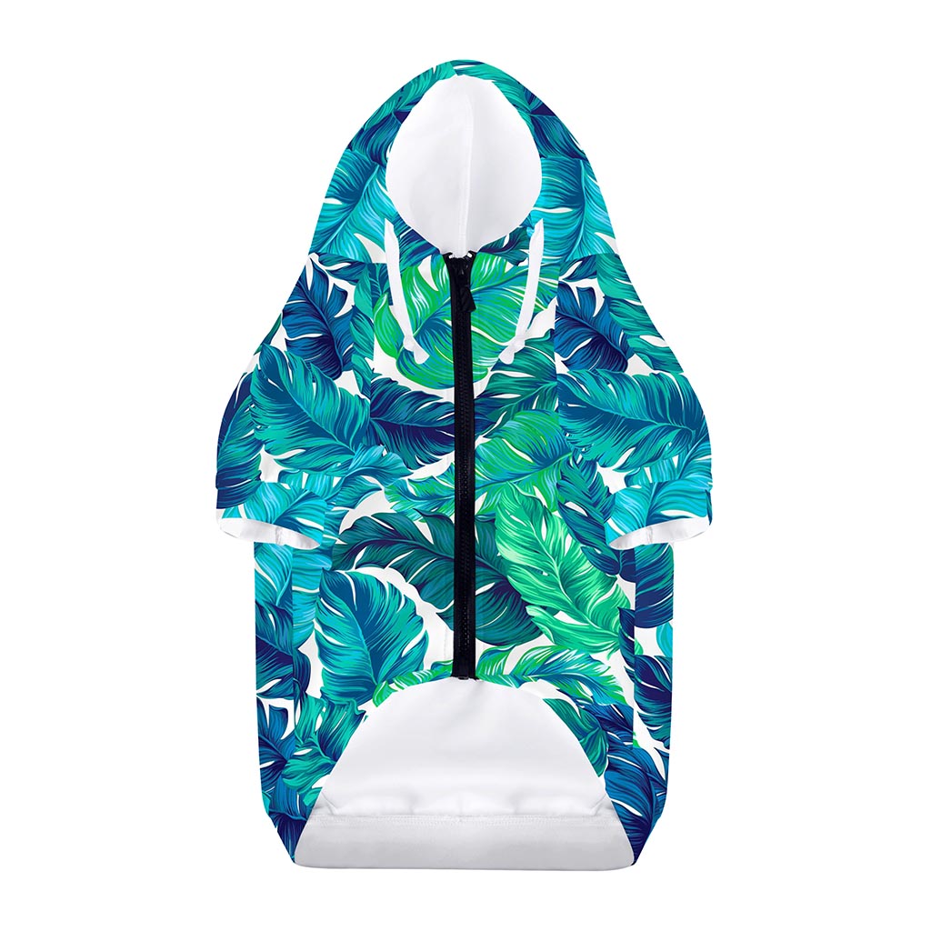Teal Tropical Leaf Pattern Print Dog Zip Up Hoodie