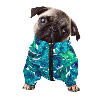 Teal Tropical Leaf Pattern Print Dog Zip Up Jacket
