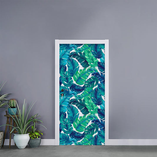 Teal Tropical Leaf Pattern Print Door Sticker