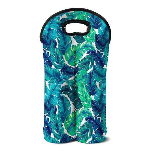 Teal Tropical Leaf Pattern Print Double Neoprene Wine Tote