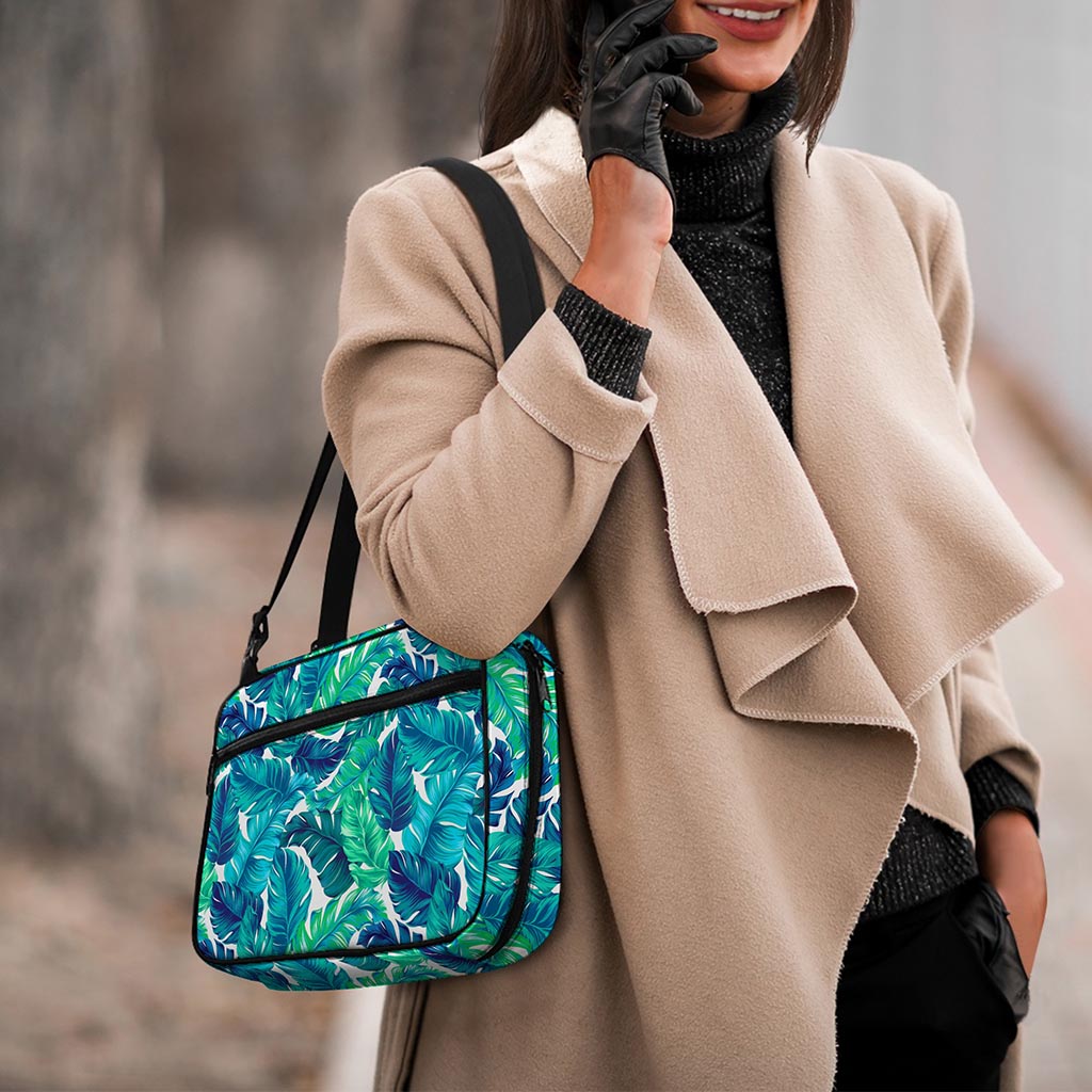 Teal Tropical Leaf Pattern Print Double Strap Bible Bag