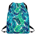 Teal Tropical Leaf Pattern Print Drawstring Backpack
