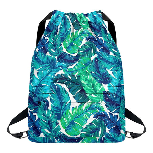 Teal Tropical Leaf Pattern Print Drawstring Backpack