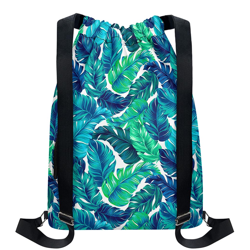 Teal Tropical Leaf Pattern Print Drawstring Backpack