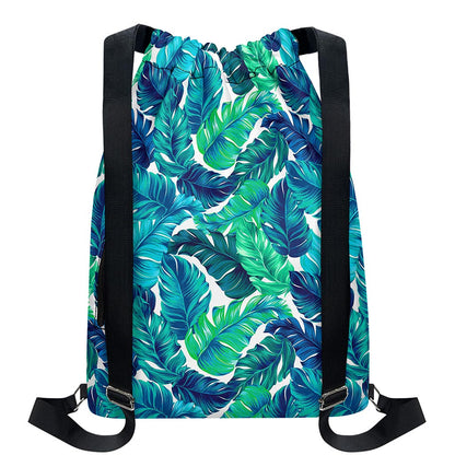 Teal Tropical Leaf Pattern Print Drawstring Backpack