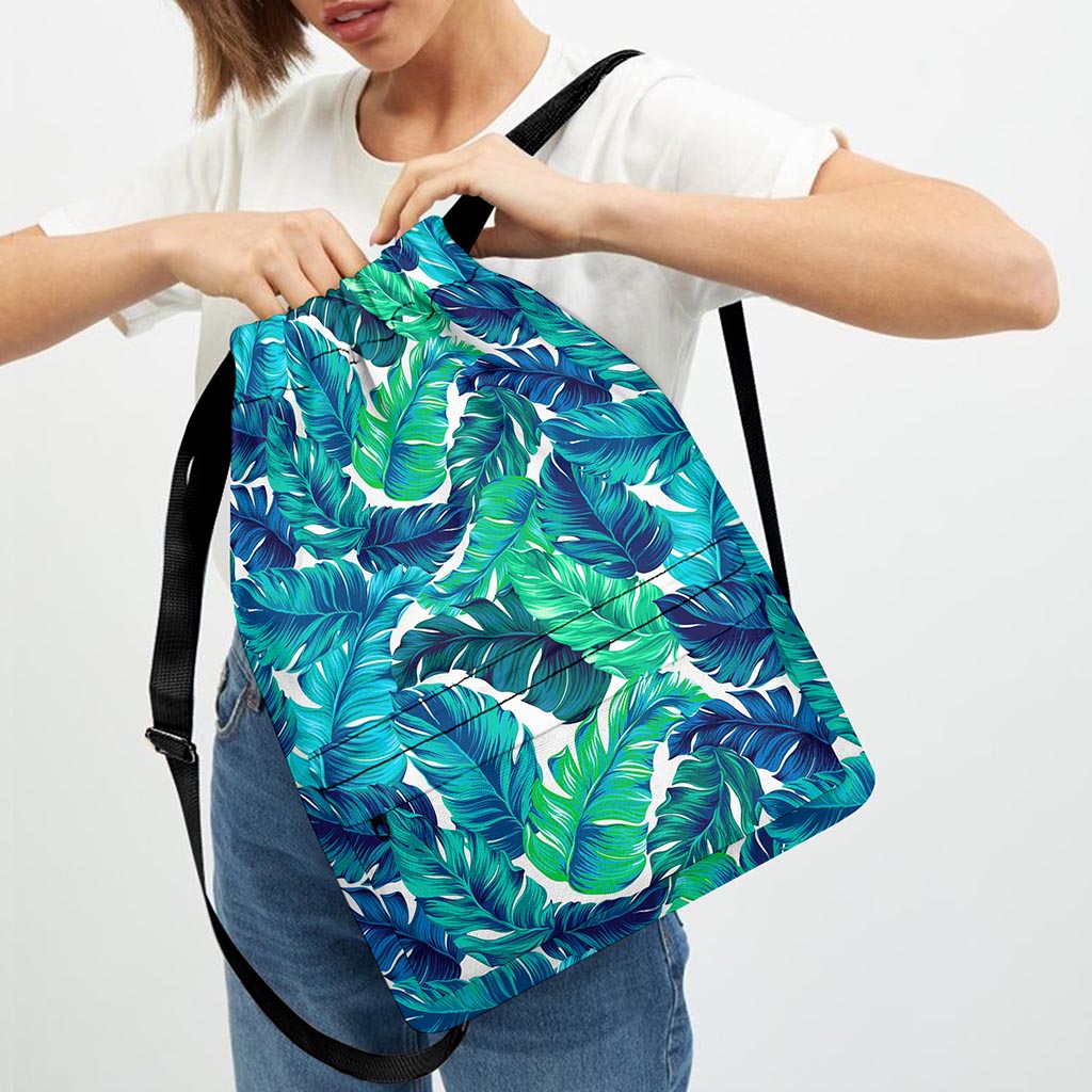 Teal Tropical Leaf Pattern Print Drawstring Backpack