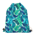 Teal Tropical Leaf Pattern Print Drawstring Bag