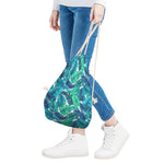 Teal Tropical Leaf Pattern Print Drawstring Bag