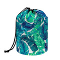 Teal Tropical Leaf Pattern Print Drawstring Makeup Bag