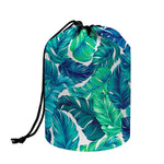 Teal Tropical Leaf Pattern Print Drawstring Makeup Bag