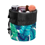 Teal Tropical Leaf Pattern Print Drawstring Makeup Bag