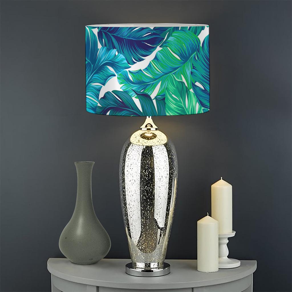 Teal Tropical Leaf Pattern Print Drum Lamp Shade